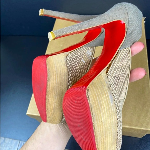 Christian Louboutin Aragna Nude Fishnet Heels Sz 38/7.5 with Sole Guard and Box - Picture 10 of 10